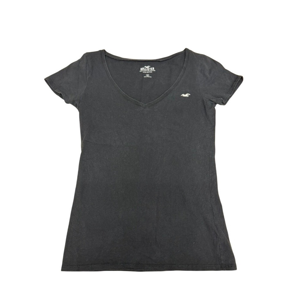 "Hollister" Womens Must-Have Collection Black Cotton V-Neck Logo Tee Shirt Small